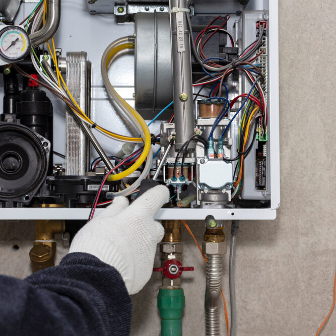 Repairing a gas boiler.